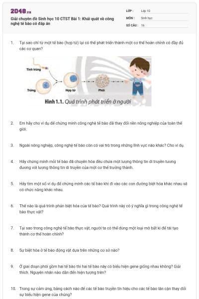 Giải chuyên đề Sinh học 10 CTST Bài 1: Khái quát về công nghệ tế bào có đáp án