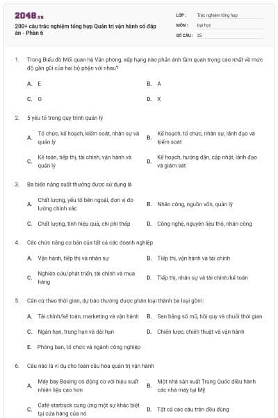 200+ câu trắc nghiệm tổng hợp Quản trị vận hành có đáp án - Phần 6