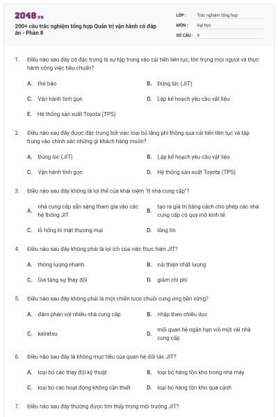 200+ câu trắc nghiệm tổng hợp Quản trị vận hành có đáp án - Phần 8