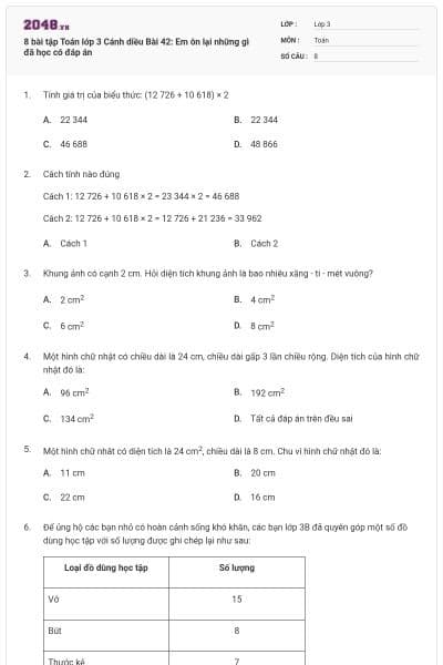 8 bài tập Toán lớp 3 Cánh diều Bài 42: Em ôn lại những gì đã học có đáp án