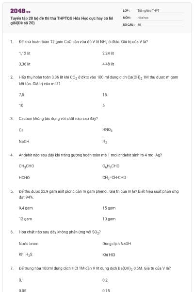 Tuyển tập 20 bộ đề thi thử THPTQG Hóa Học cực hay có lời giải(Đề số 20)