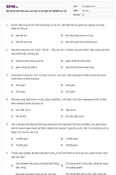 Bộ đề thi thử Hóa học cực hay có lời giải chi tiết(Đề số 16)