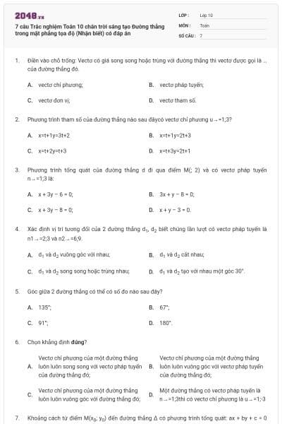 7 câu Trắc nghiệm Toán 10 chân trời sáng tạo Đường thẳng trong mặt phẳng tọa độ (Nhận biết) có đáp án