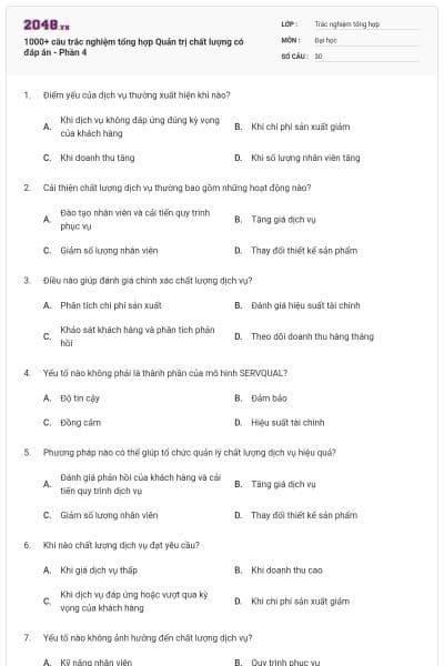 1000+ câu trắc nghiệm tổng hợp Quản trị chất lượng có đáp án - Phần 4