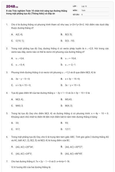 8 câu Trắc nghiệm Toán 10 chân trời sáng tạo Đường thẳng trong mặt phẳng tọa độ (Thông hiểu) có đáp án