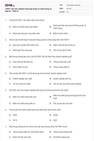1000+ câu trắc nghiệm tổng hợp Quản trị chất lượng có đáp án - Phần 6