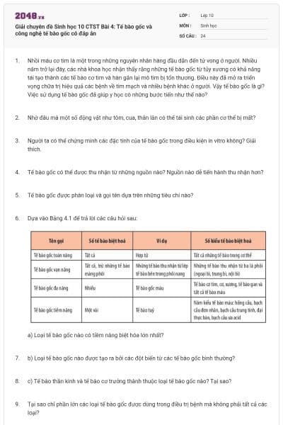 Giải chuyên đề Sinh học 10 CTST Bài 4: Tế bào gốc và công nghệ tế bào gốc có đáp án
