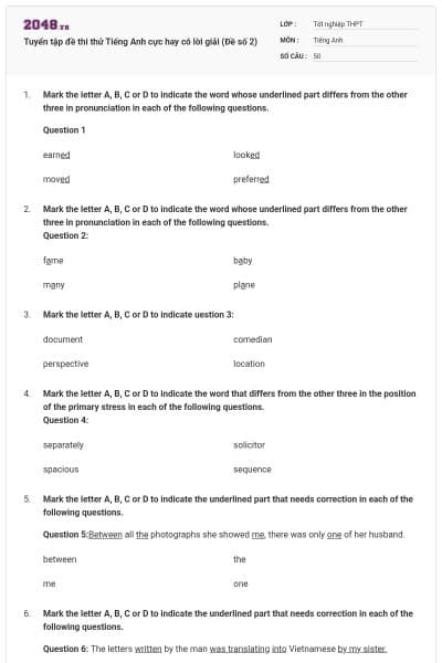 Tuyển tập đề thi thử Tiếng Anh cực hay có lời giải (Đề số 2)