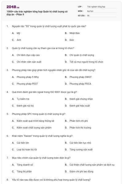1000+ câu trắc nghiệm tổng hợp Quản trị chất lượng có đáp án - Phần 9