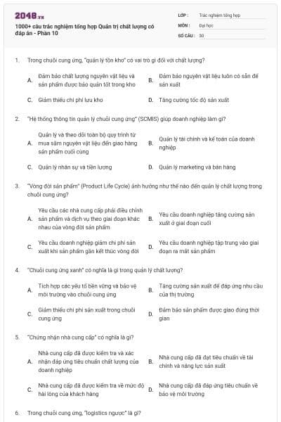 1000+ câu trắc nghiệm tổng hợp Quản trị chất lượng có đáp án - Phần 10