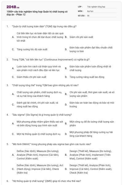 1000+ câu trắc nghiệm tổng hợp Quản trị chất lượng có đáp án - Phần 12