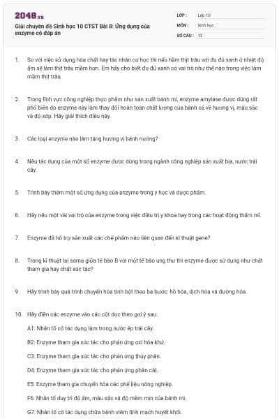Giải chuyên đề Sinh học 10 CTST Bài 8: Ứng dụng của enzyme có đáp án