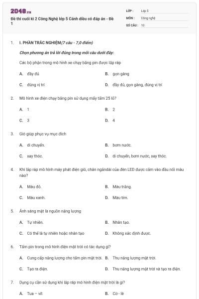 Đề thi cuối kì 2 Công Nghệ lớp 5 Cánh diều có đáp án - Đề 1