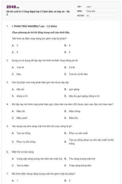 Đề thi cuối kì 2 Công Nghệ lớp 5 Cánh diều có đáp án - Đề 2