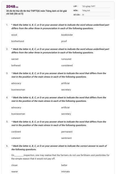 30 đề thi thử đề thi thử THPTQG môn Tiếng Anh có lời giải chi tiết (Đề số 5)
