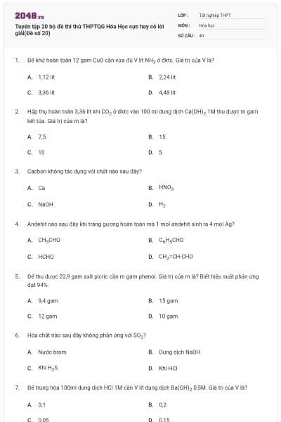 Tuyển tập 20 bộ đề thi thử THPTQG Hóa Học cực hay có lời giải(Đề số 20)