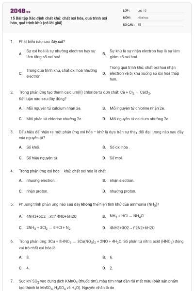 15 Bài tập Xác định chất khử, chất oxi hóa, quá trình oxi hóa, quá trình khử (có lời giải)