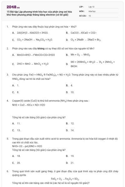 15 Bài tập Lập phương trình hóa học của phản ứng oxi hóa khử theo phương pháp thăng bằng electron (có lời giải)