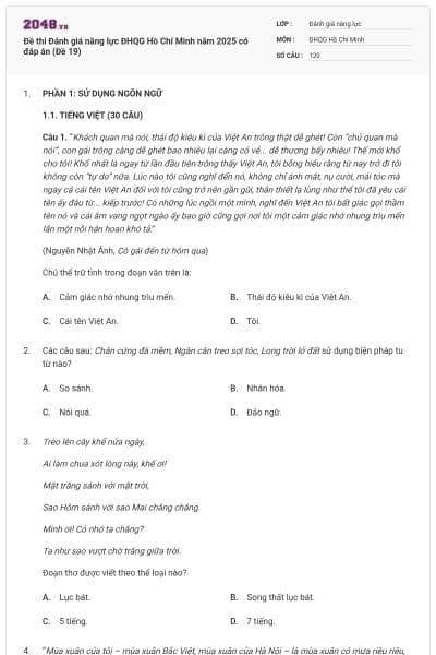 Đề thi Đánh giá năng lực ĐHQG Hồ Chí Minh năm 2025 có đáp án (Đề 19)