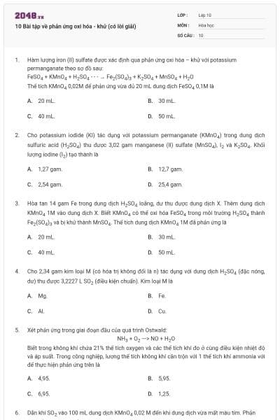 10 Bài tập về phản ứng oxi hóa - khử (có lời giải)