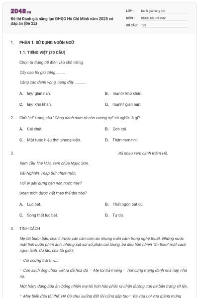 Đề thi Đánh giá năng lực ĐHQG Hồ Chí Minh năm 2025 có đáp án (Đề 22)