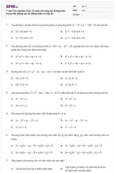 7 câu Trắc nghiệm Toán 10 chân trời sáng tạo Đường tròn trong mặt phẳng tọa độ (Nhận biết) có đáp án