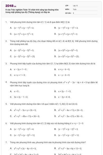 8 câu Trắc nghiệm Toán 10 chân trời sáng tạo Đường tròn trong mặt phẳng tọa độ (Thông dụng) có đáp án