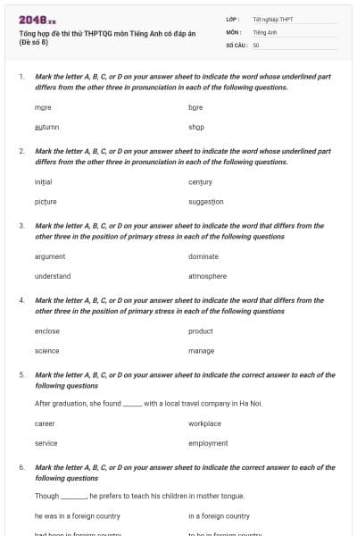 Tổng hợp đề thi thử THPTQG môn Tiếng Anh có đáp án (Đề số 8)