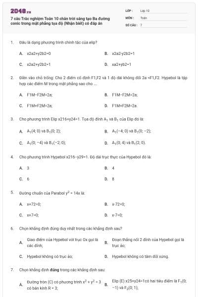7 câu Trắc nghiệm Toán 10 chân trời sáng tạo Ba đường conic trong mặt phẳng tọa độ (Nhận biết) có đáp án