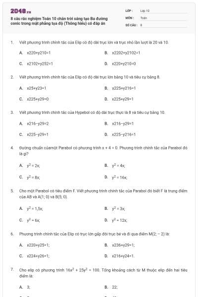 8 câu rắc nghiệm Toán 10 chân trời sáng tạo Ba đường conic trong mặt phẳng tọa độ (Thông hiểu) có đáp án