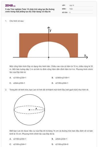 5 câu Trắc nghiệm Toán 10 chân trời sáng tạo Ba đường conic trong mặt phẳng tọa độ (Vận dụng) có đáp án