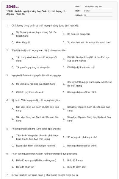 1000+ câu trắc nghiệm tổng hợp Quản trị chất lượng có đáp án - Phần 16