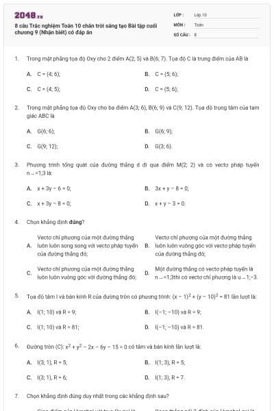 8 câu Trắc nghiệm Toán 10 chân trời sáng tạo Bài tập cuối chương 9 (Nhận biết) có đáp án