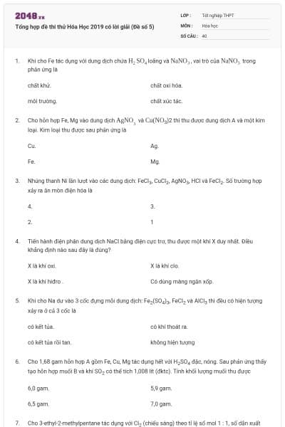 Tổng hợp đề thi thử Hóa Học 2019 có lời giải (Đề số 5)