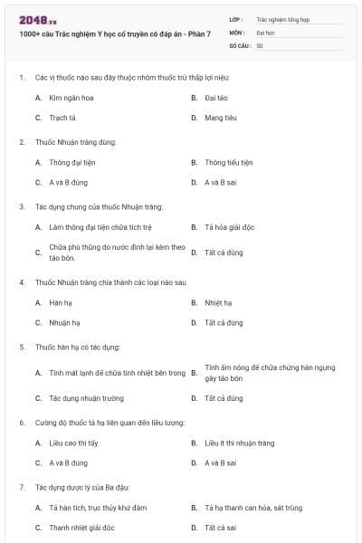 1000+ câu Trắc nghiệm Y học cổ truyền có đáp án - Phần 7