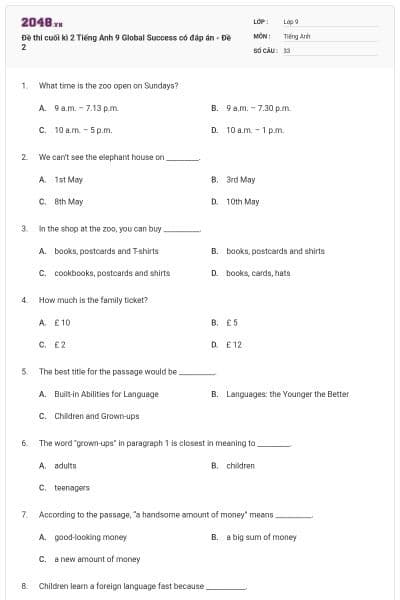 Đề thi cuối kì 2 Tiếng Anh 9 Global Success có đáp án - Đề 2