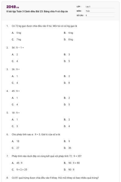 8 bài tập Toán 3 Cánh diều Bài 23: Bảng chia 9 có đáp án