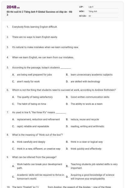 Đề thi cuối kì 2 Tiếng Anh 9 Global Success có đáp án - Đề 3