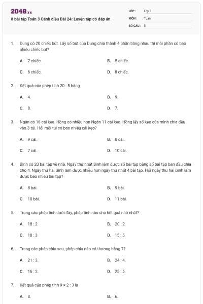 8 bài tập Toán 3 Cánh diều Bài 24: Luyện tập có đáp án