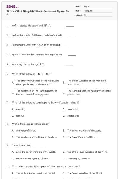 Đề thi cuối kì 2 Tiếng Anh 9 Global Success có đáp án - Đề 4