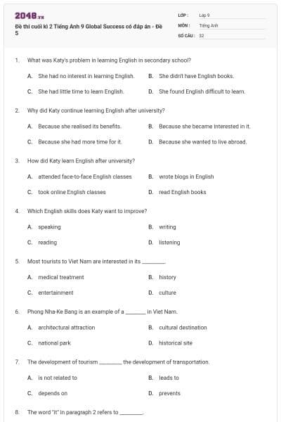 Đề thi cuối kì 2 Tiếng Anh 9 Global Success có đáp án - Đề 5