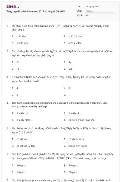 Tổng hợp đề thi thử Hóa Học 2019 có lời giải (Đề số 5)