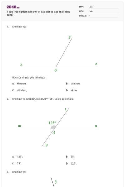 7 câu Trắc nghiệm Góc ở vị trí đặc biệt có đáp án (Thông dụng)