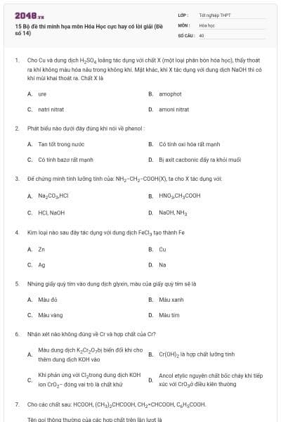 15 Bộ đề thi minh họa môn Hóa Học cực hay có lời giải (Đề số 14)