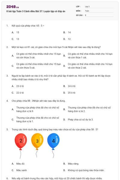 8 bài tập Toán 3 Cánh diều Bài 37: Luyện tập có đáp án