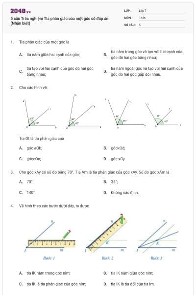 5 câu Trắc nghiệm Tia phân giác của một góc có đáp án (Nhận biết)