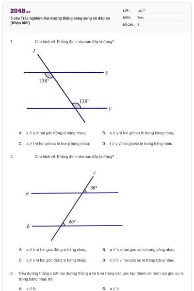 5 câu Trắc nghiệm Hai đường thẳng song song có đáp án (Nhận biết)