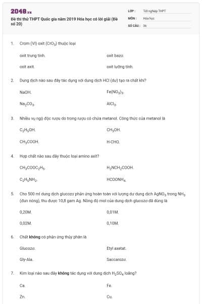 Đề thi thử THPT Quốc gia năm 2019 Hóa học có lời giải (Đề số 20)