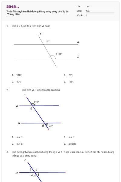 7 câu Trắc nghiệm Hai đường thẳng song song có đáp án (Thông hiểu)