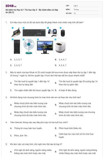 Đề kiểm tra Học kì 1 Tin học lớp 3 - Bộ Cánh diều có đáp án (Đề 2)